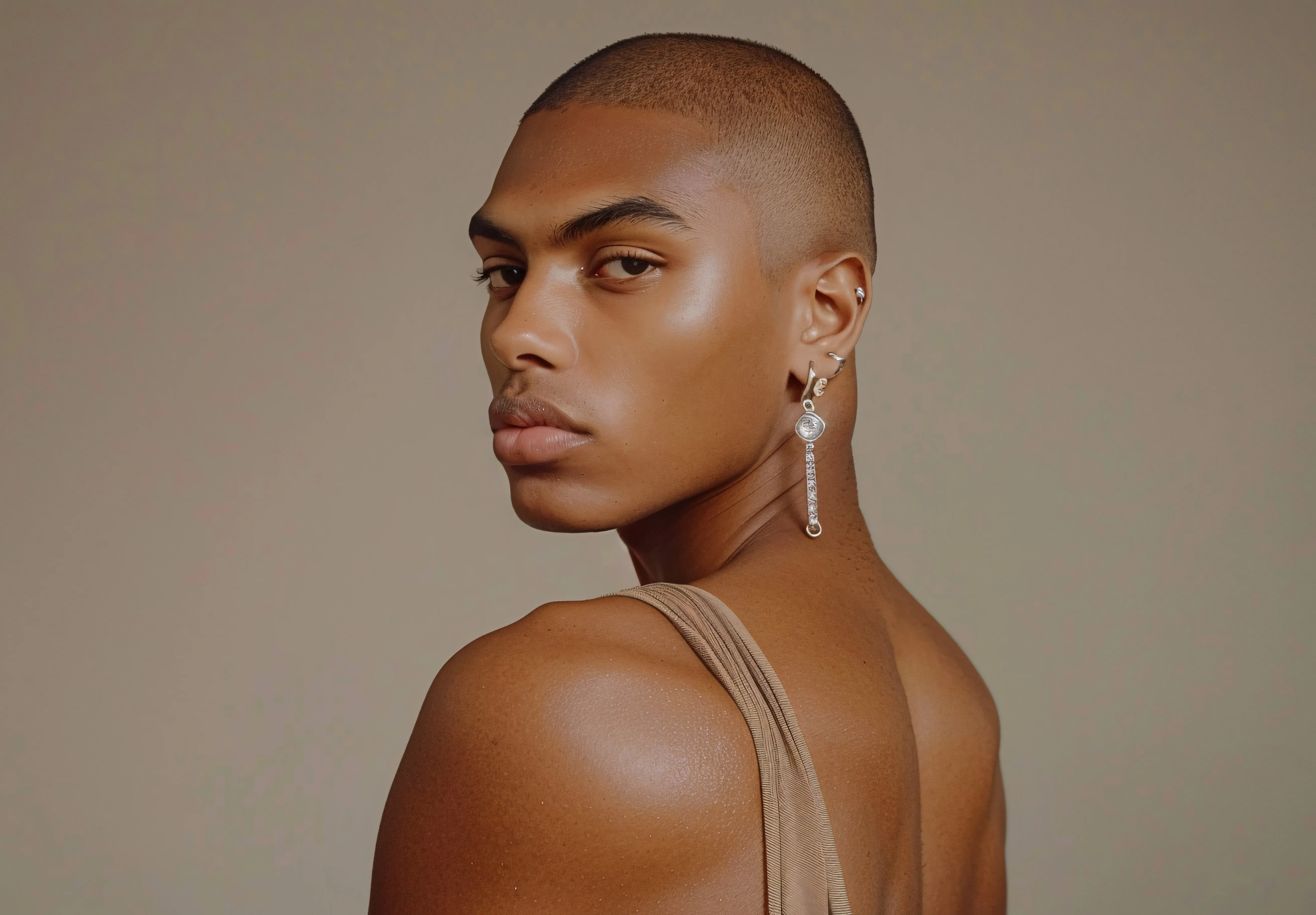 A man with a close-cropped haircut and silver earrings looking over his shoulder